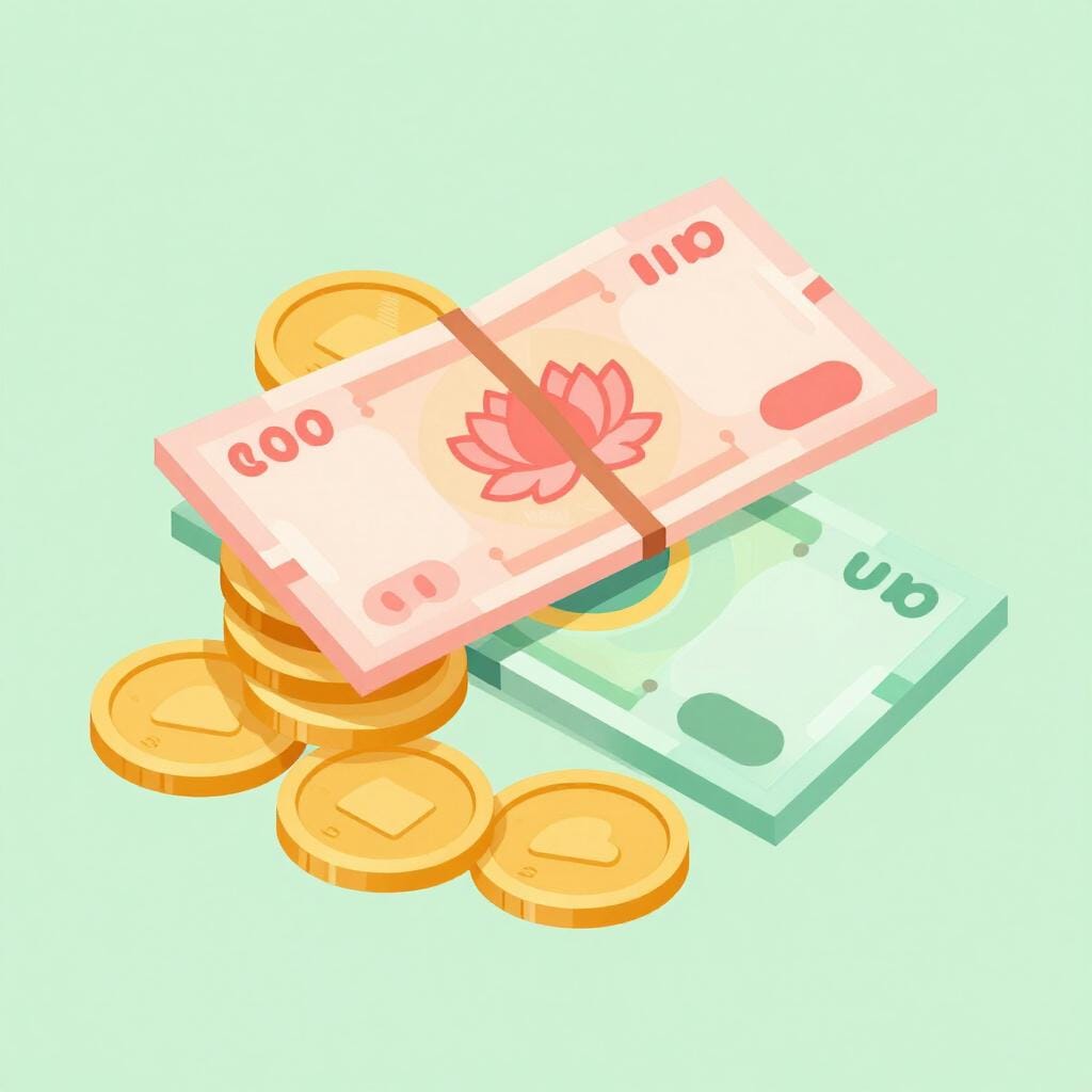 ベトナムの文化的なシンボルが描かれた、カラフルな絵本のような、金貨とカラフルな紙幣の山。