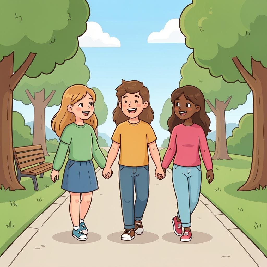 Three happy friends laughing and walking together with their arms around each other.