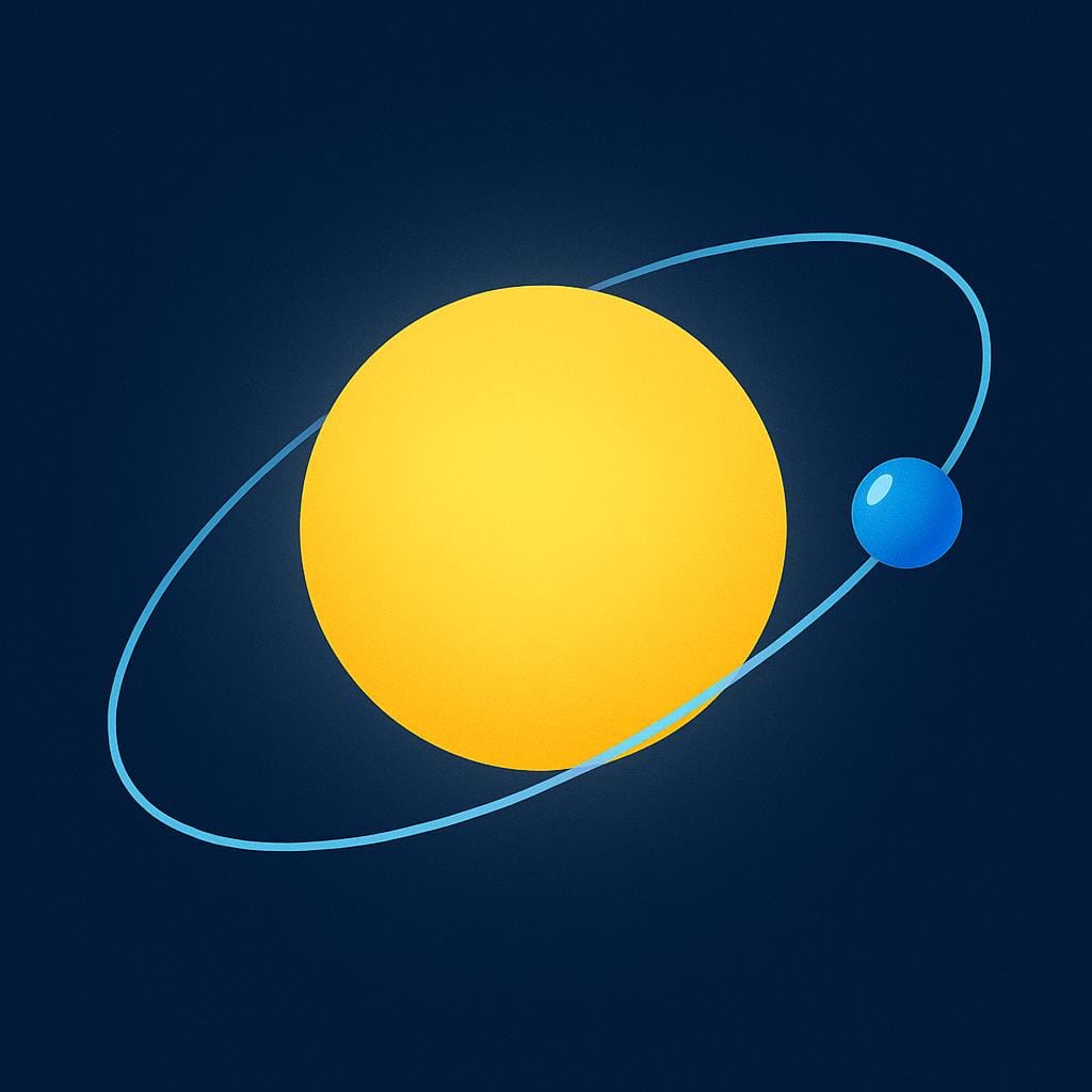 A small blue planet shown following a clear, smooth elliptical path around a large, bright yellow sun against the dark backdrop of space.
