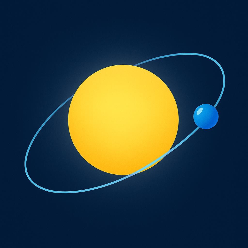A small blue planet shown following a clear, smooth elliptical path around a large, bright yellow sun against the dark backdrop of space.