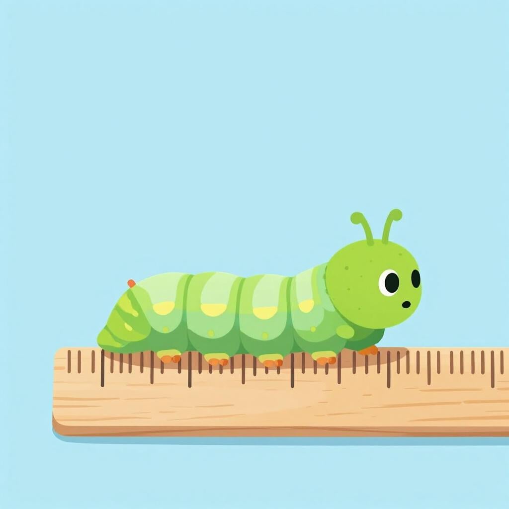 A small green caterpillar crawling along the edge of a wooden ruler.