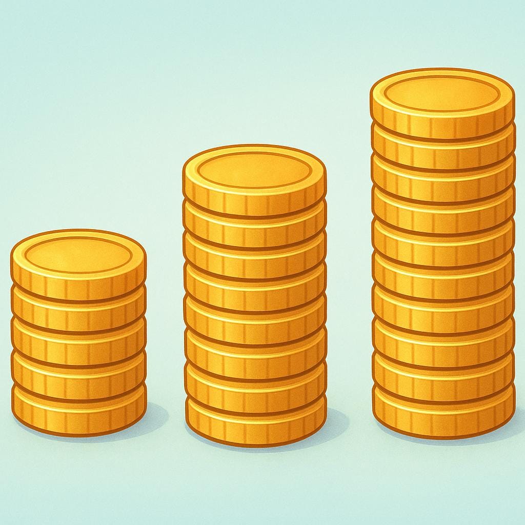 A high quality simple colorful storybook illustration showing three distinct stacks of stylized, generic golden coins arranged side-by-side, each stack having a noticeably different height, representing varying monetary amounts.