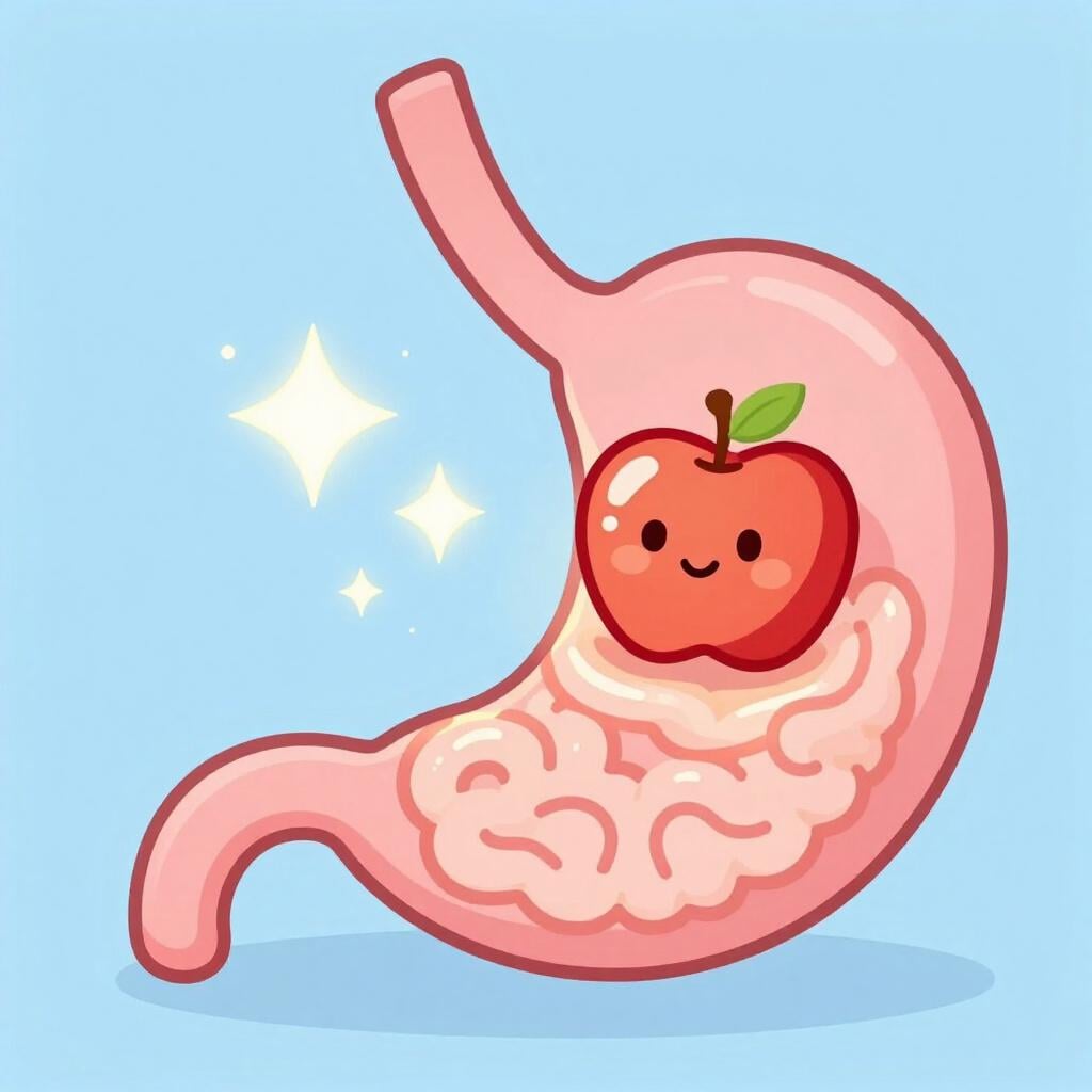 A colorful storybook illustration of a happy green apple being broken down into small glowing energy particles within a soft, stylized stomach shape.