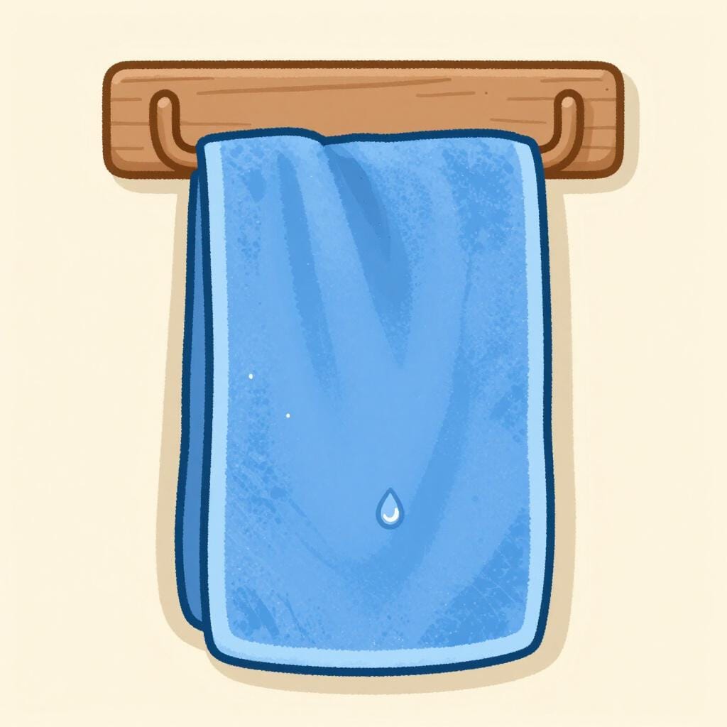 Uma toalha azul escura pendurada em um gancho de madeira com pequenas gotas de água visíveis e uma textura ligeiramente mais escura e úmida em sua superfície.