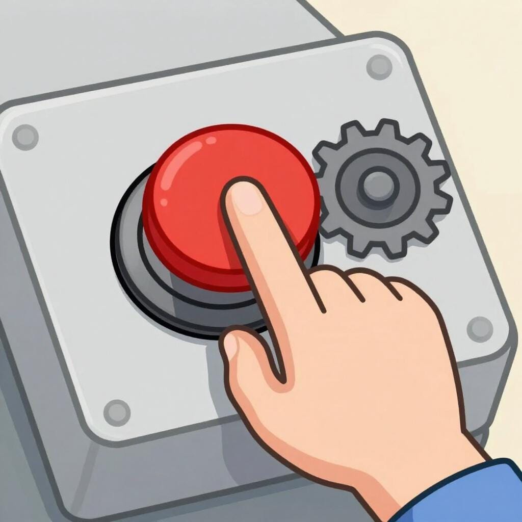 Una semplice illustrazione di una mano che preme con decisione un grande pulsante rosso brillante montato su un pannello di controllo grigio, avviando un meccanismo.