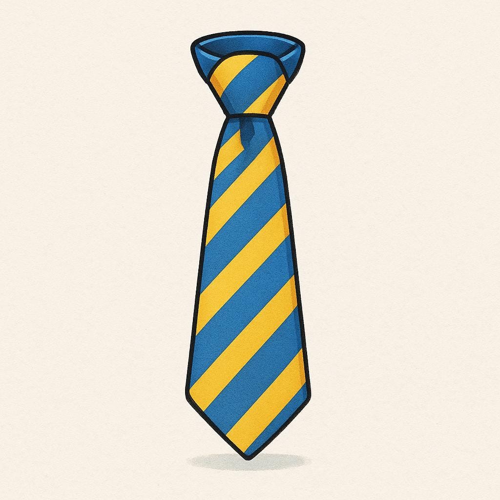 A blue and yellow striped necktie, neatly tied in a knot, hanging vertically.