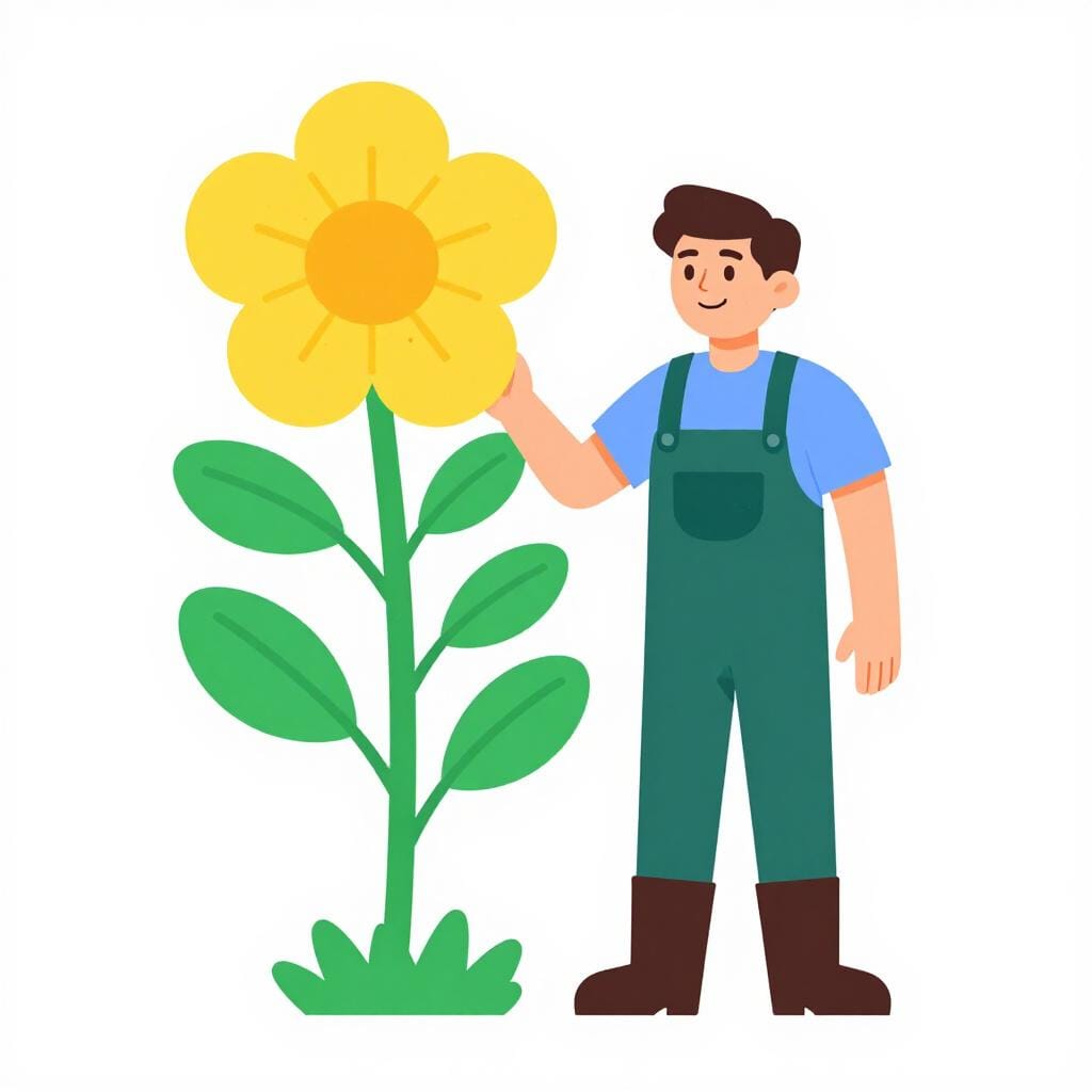 A happy gardener standing next to a tall, healthy plant with large green leaves and bright flowers.