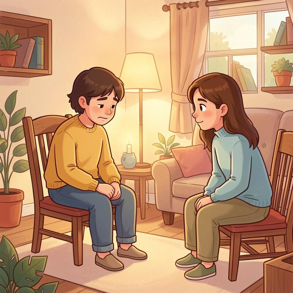 Uma pessoa sentada com a cabeça baixa e as mãos juntas, falando com um ouvinte em um ambiente calmo e sério.