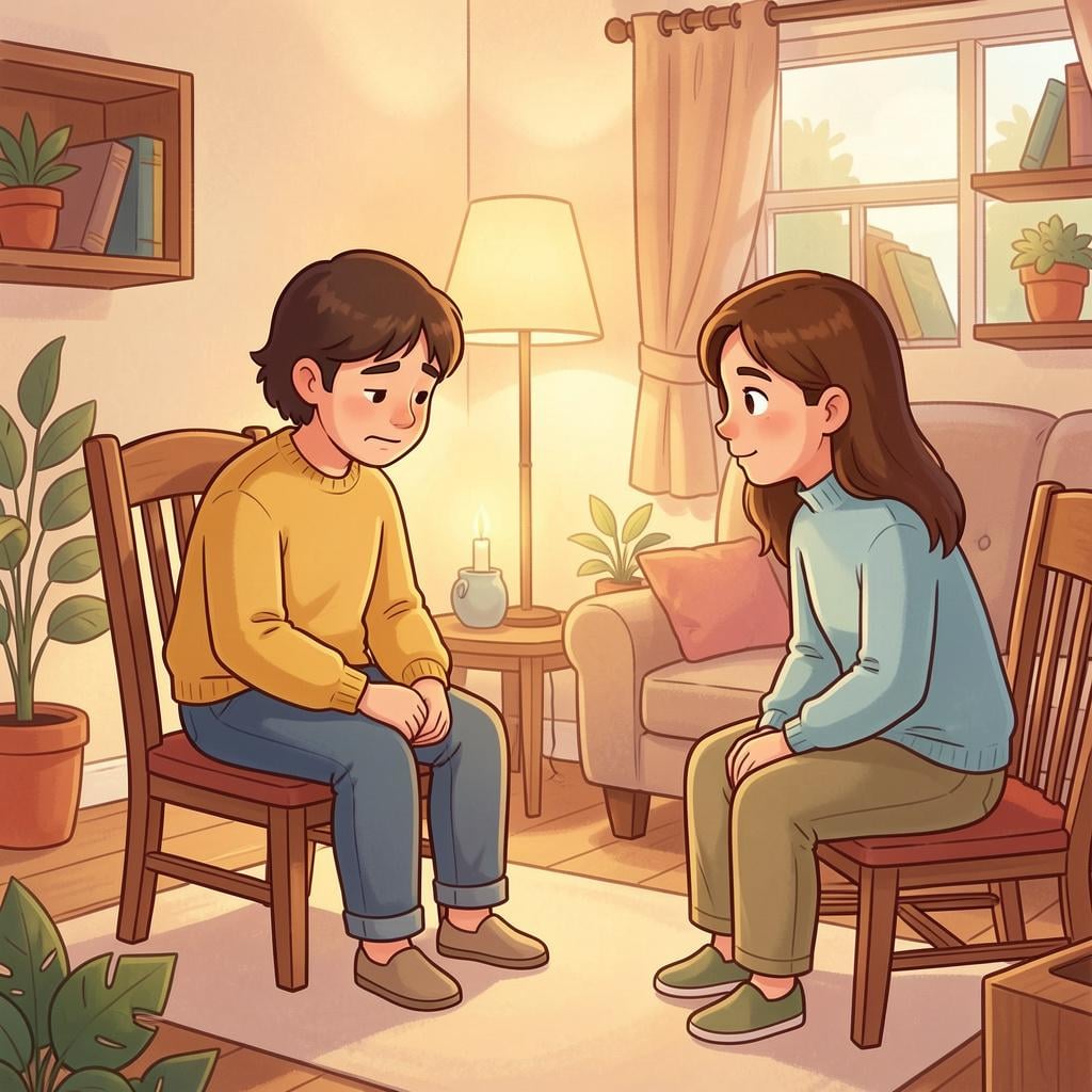 A person sitting with their head down and hands clasped, talking to a listener in a quiet, serious setting.