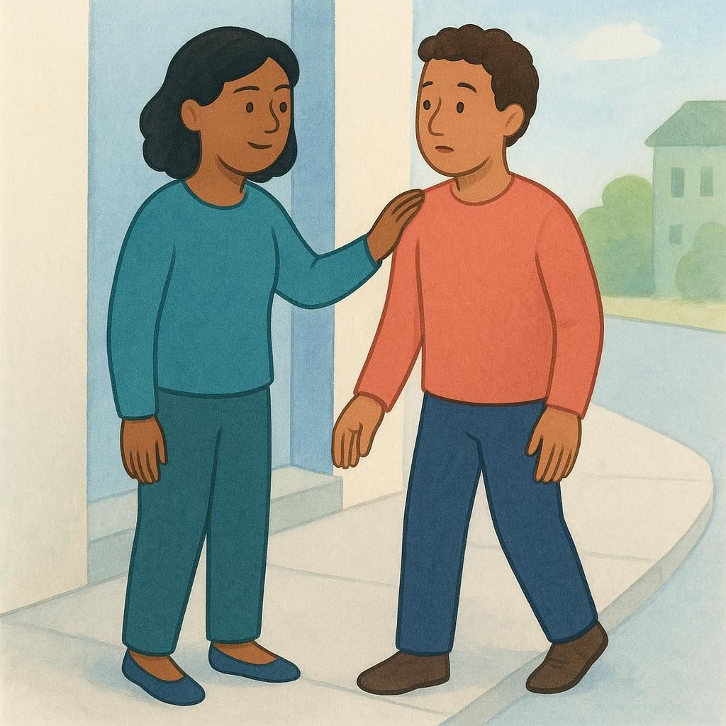 A storybook illustration showing a person gently touching another person's back to ask them to move aside so they can pass in a narrow area.