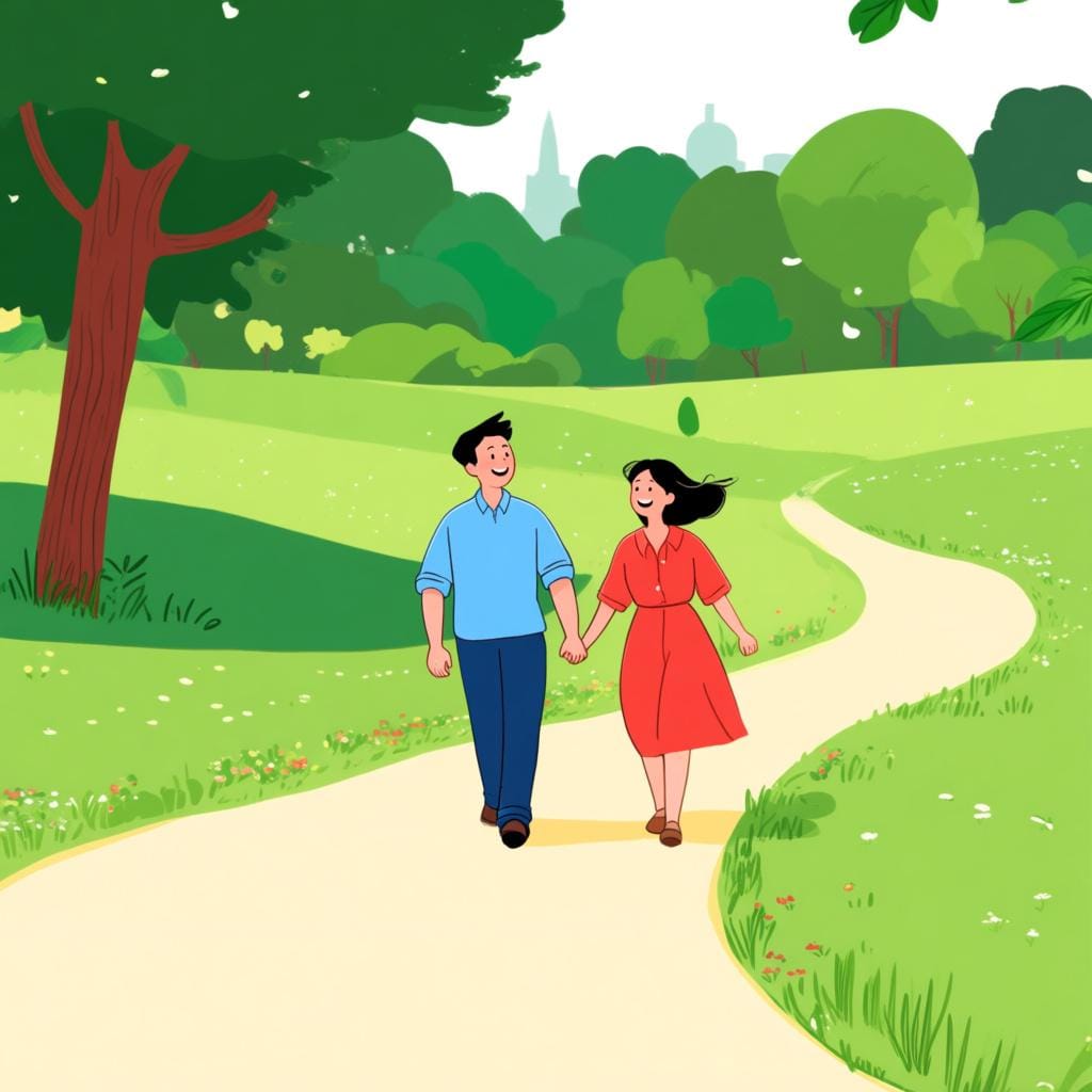 Two people taking a leisurely stroll down a sunny, winding path in a lush green park.