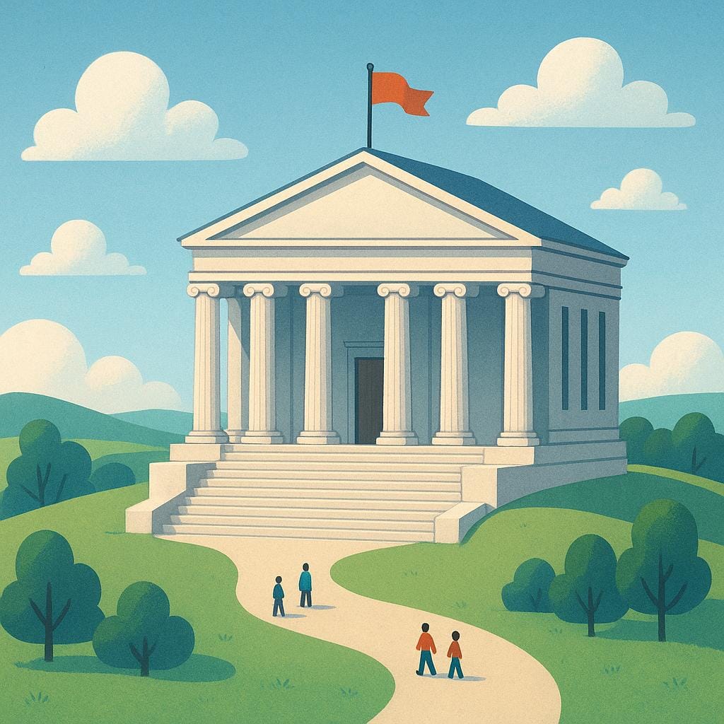 A grand, imposing governmental building with large columns situated proudly on a hill, symbolizing a sovereign nation's power.