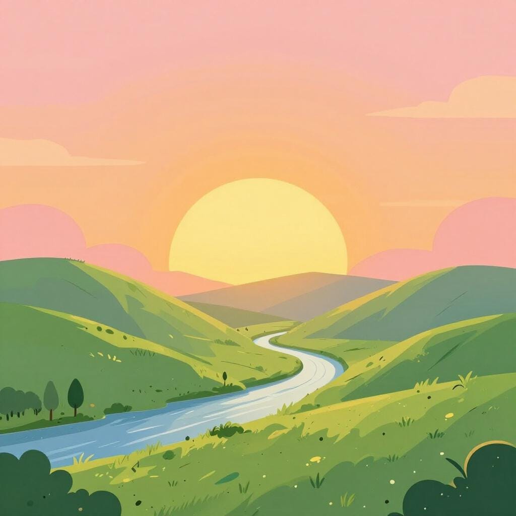 Ein heller Sonnenaufgang über einem üppigen grünen Tal, der einen Neuanfang symbolisiert.