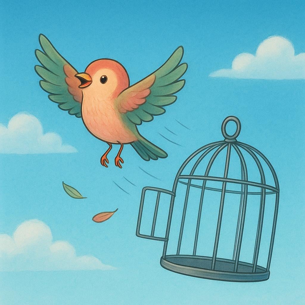 A small, brightly colored bird flying out of a simple open cage and soaring into a clear blue sky.