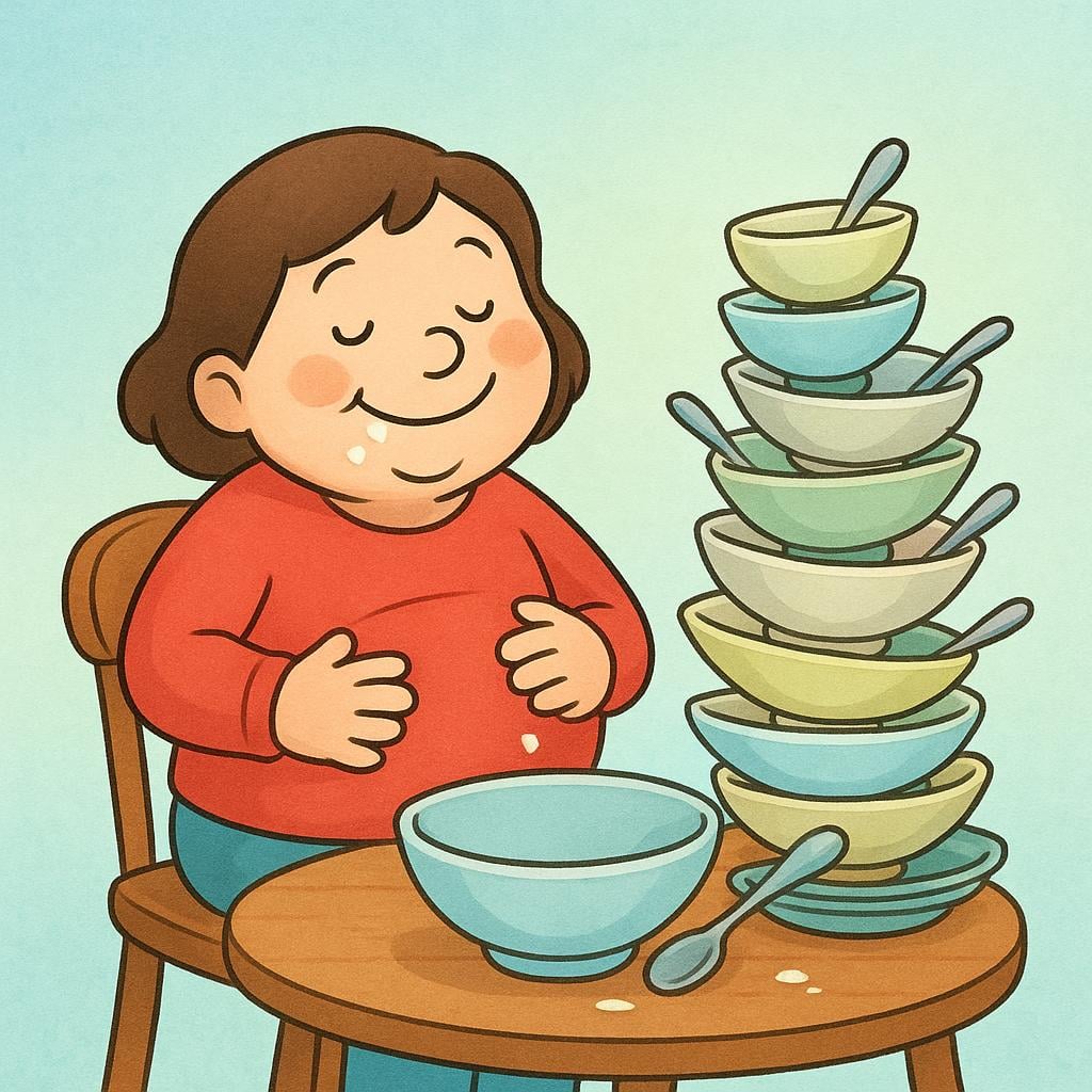 A cheerful cartoon person sitting happily at a small table, holding their distended stomach after consuming a huge amount of ice cream, showing overindulgence.