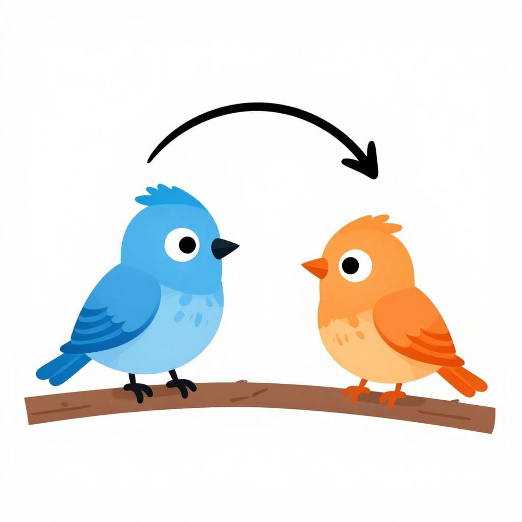 Twee identieke vogels, één blauw en één oranje, die elkaar aankijken en dan van positie wisselen in een cirkelvormige beweging.