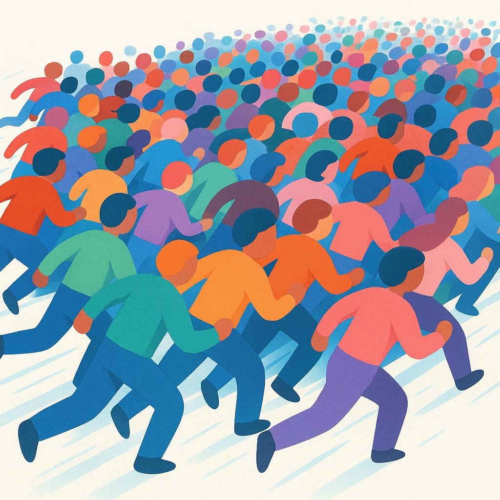 A large, dense crowd of simplified, colorful human figures rushing forward quickly, illustrating a surge of people.