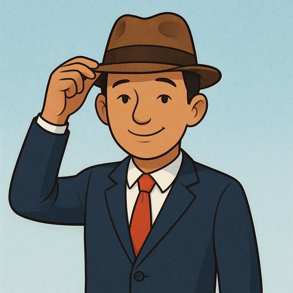 A well-dressed man in a suit and tie, smiling politely and tipping his hat.