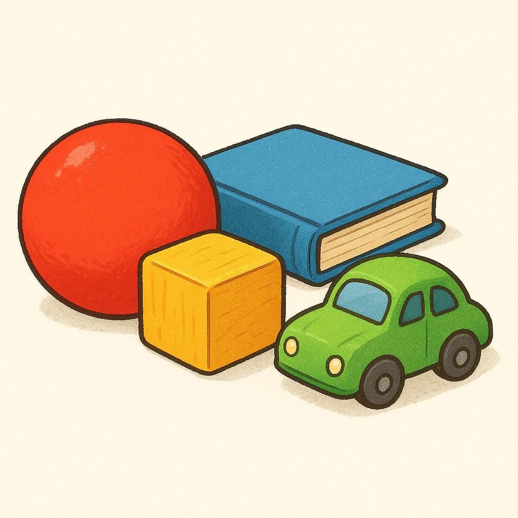A random, disorganized pile of miscellaneous generic objects, including a red ball, a blue book, and a yellow block, symbolizing 'stuff'.