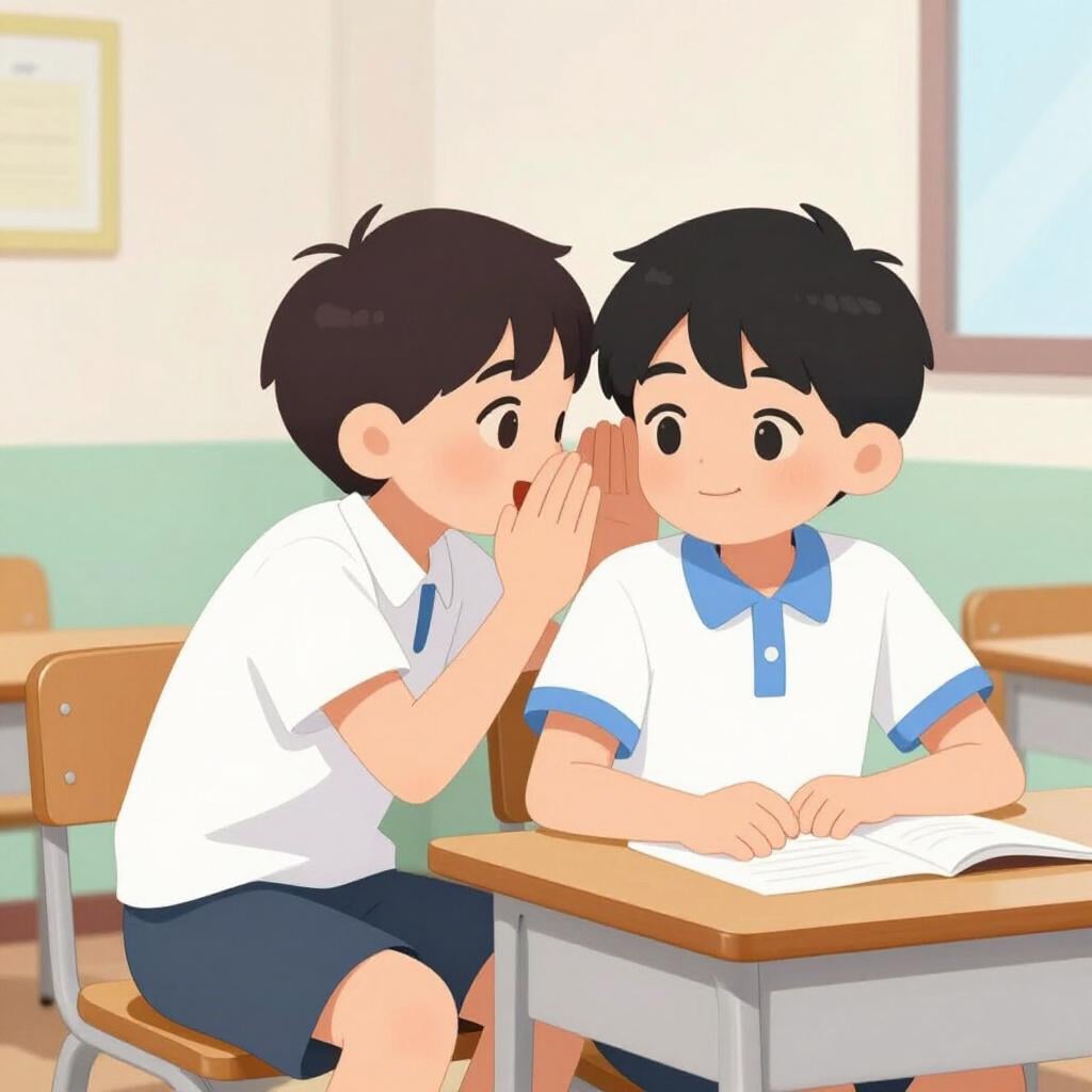 One student leaning toward another student's ear, cupping their hand to whisper secretly in a classroom setting.