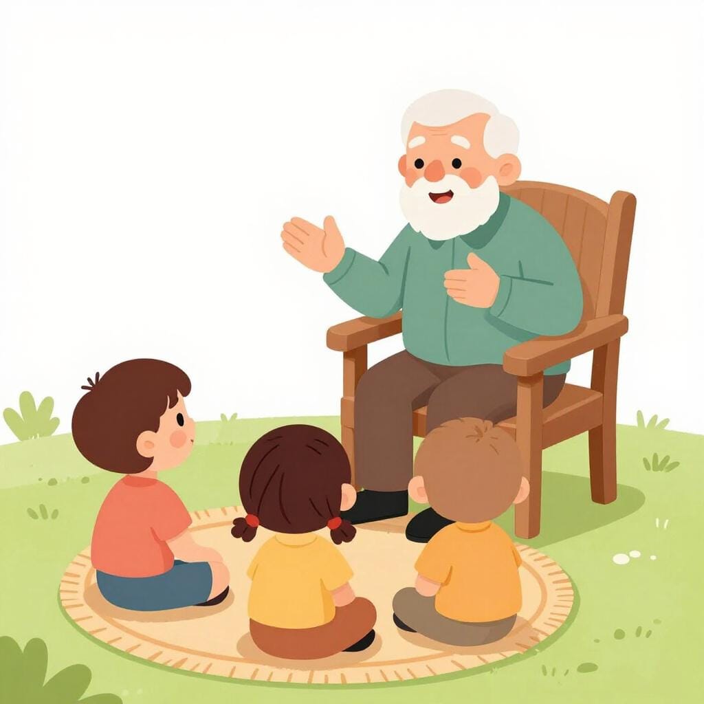 Uma pessoa idosa sentada em uma poltrona grande contando uma história para um grupo de crianças ouvintes.