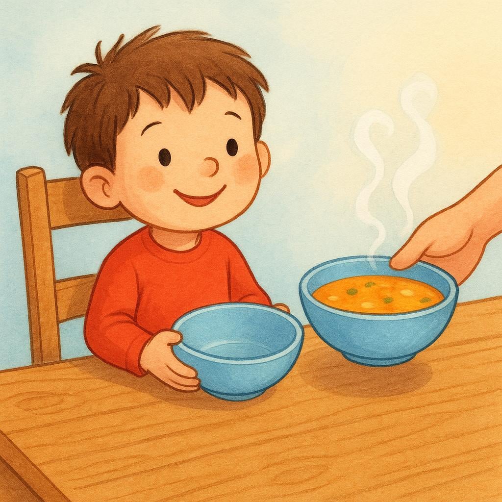 A child is happily receiving a second, full bowl of steaming soup from an adult's hand at a dinner table, illustrating a second helping of food.