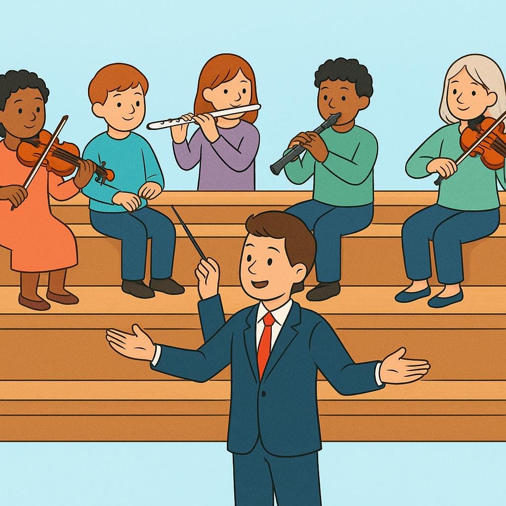 A group of stylized musicians sitting on tiered risers, holding instruments like violins, cellos, and trumpets, with a conductor standing in front.
