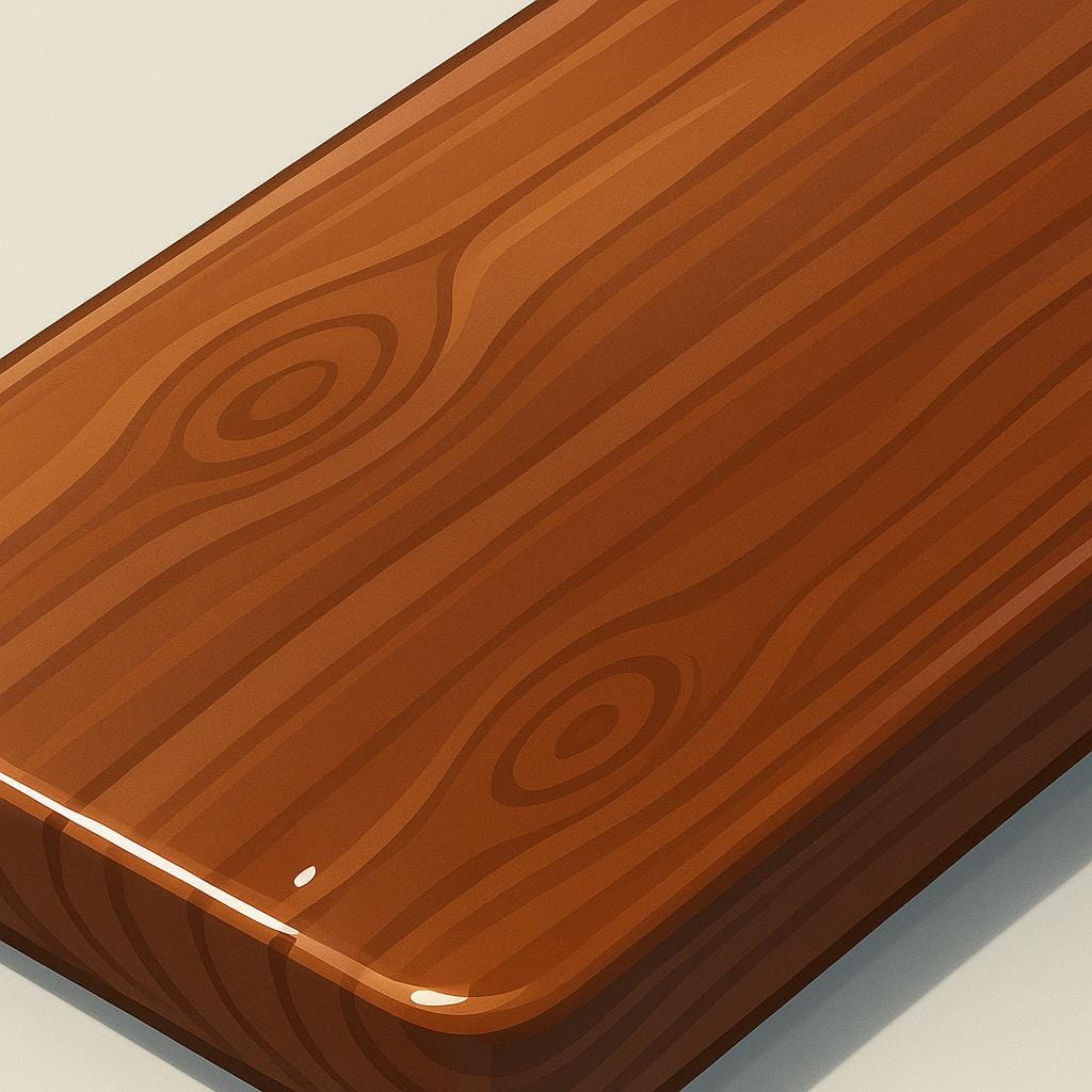 A close-up view of a highly polished, deep brown wooden plank, showing a bright, reflective, glossy surface quality.