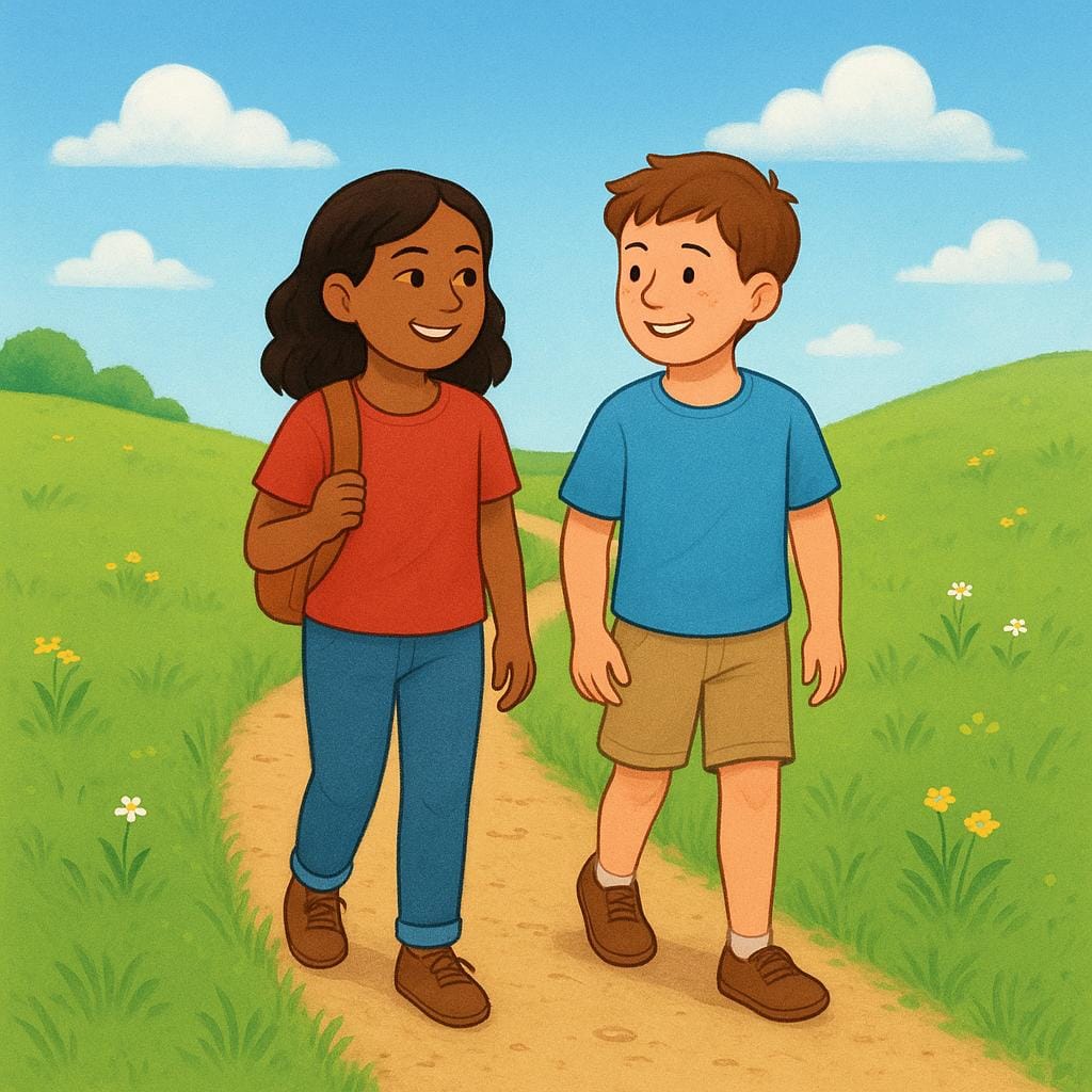 Uma ilustração de livro de histórias colorida mostrando duas pequenas figuras, de mãos dadas, caminhando juntas por um caminho curvo e bem percorrido em um campo verde ensolarado, simbolizando uma atividade passada repetida.