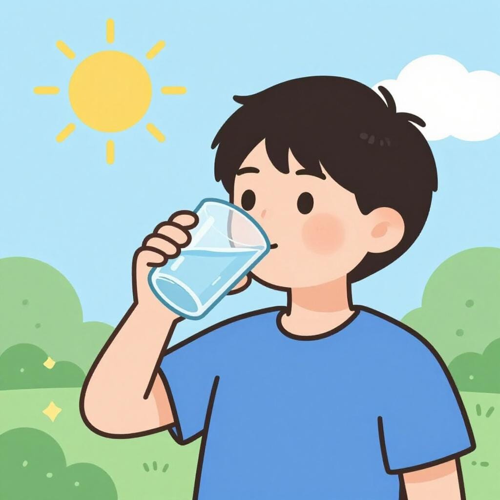 A person happily drinking a glass of water after being thirsty.