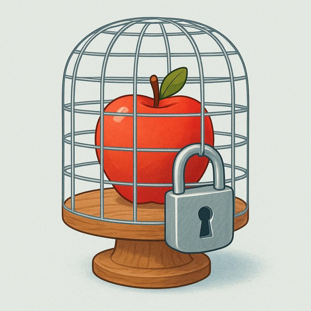 A single bright red apple sits on a pedestal, completely enclosed by a simple wire mesh cage secured with a large silver padlock, showing that access has been prohibited.