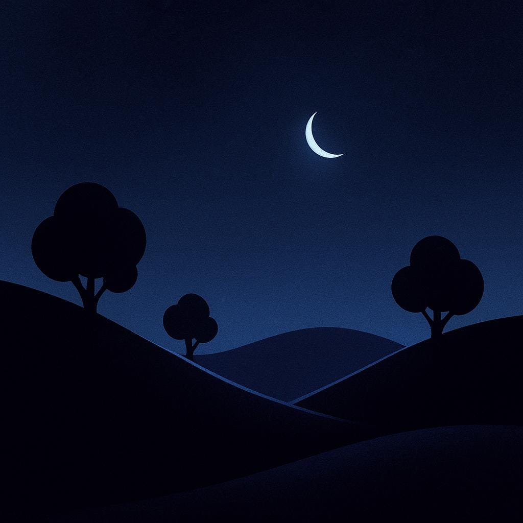 A high quality storybook illustration showing a vast, deep blue and black night sky. The ground is pitch black, emphasizing the total absence of light. A single, tiny crescent moon hangs high above.