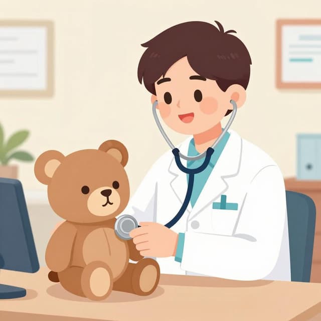 Een vriendelijke dokter in een witte jas gebruikt een stethoscoop om naar het hart van een teddybeer te luisteren, wat een medische diagnose illustreert.