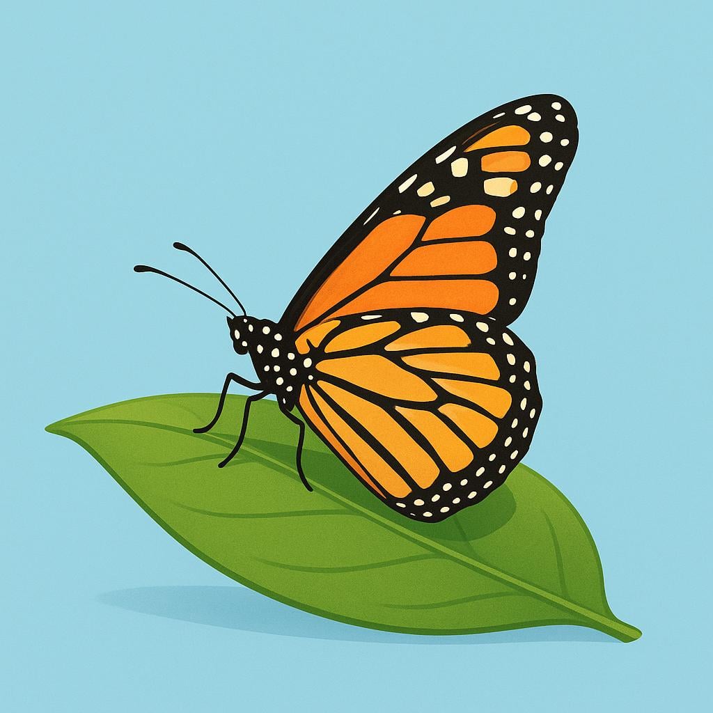 A bright orange and black monarch butterfly resting on a green leaf.