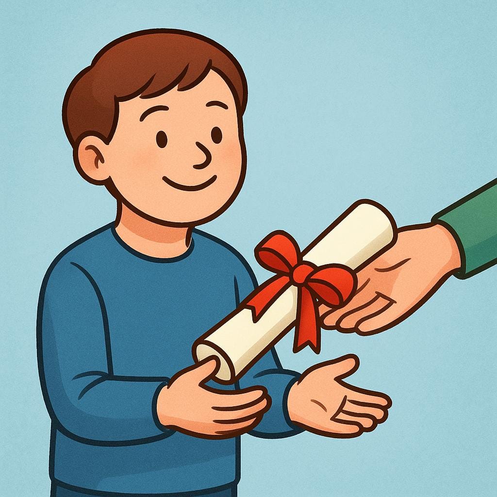 Eine lächelnde Person nimmt ein aufgerolltes Diplom oder Zertifikat entgegen, das mit einem Band von einer ausgestreckten Hand gehalten wird, was den Erhalt eines wertvollen Dokuments symbolisiert.