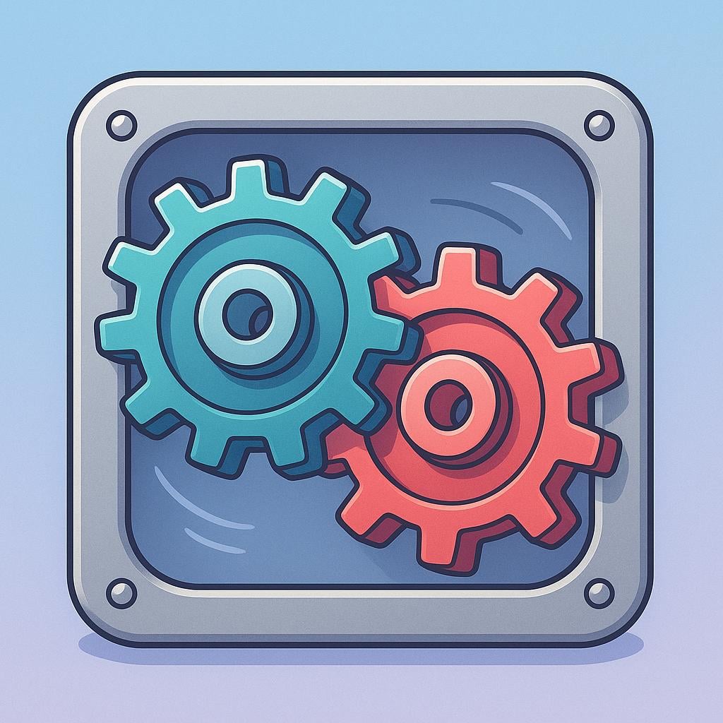 Two large, stylized, interlocking mechanical gears rotating inside a simple machine housing, representing a vehicle transmission system.