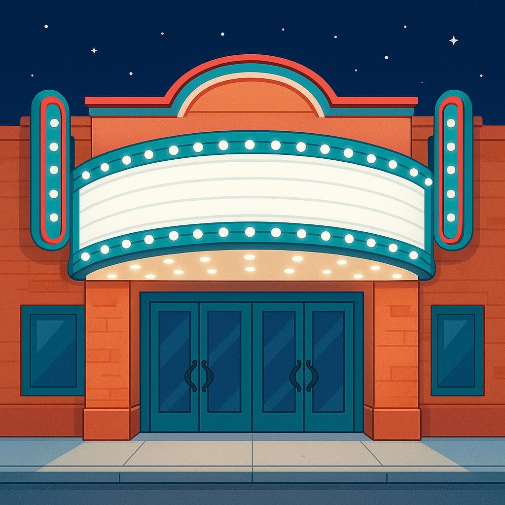 A brightly lit, classic movie theater building entrance at night with large double doors and a prominent marquee.