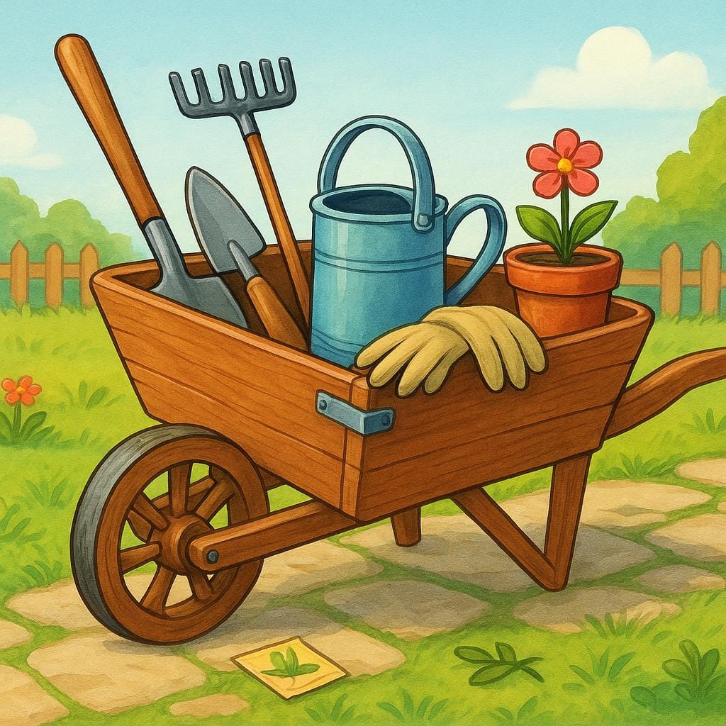 Un'illustrazione di un libro di fiabe di una robusta e semplice carriola di legno pronta per essere usata su un sentiero del giardino, che simboleggia l'utilità.