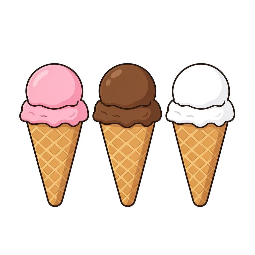Three colorful scoops of ice cream in waffle cones standing in a row.