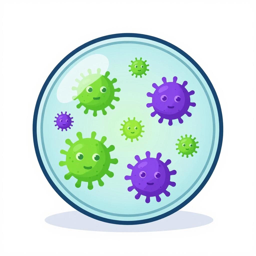 Une illustration colorée de microbes stylisés verts et violets vus à travers une loupe ronde.