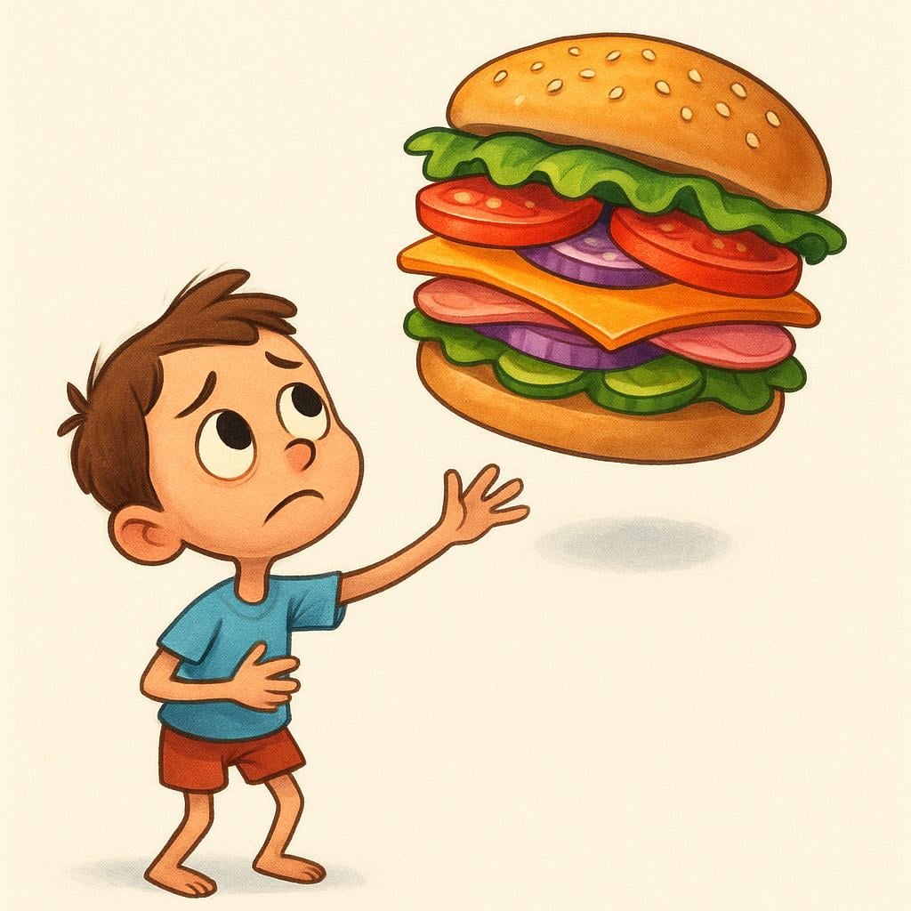 A skinny cartoon character with a blue shirt clutching their empty stomach, looking longingly and desperately at a giant, colorful sandwich floating just above their head.
