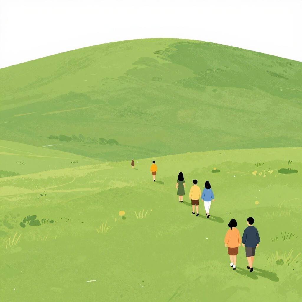 A group of people moving away from a central point towards the background.