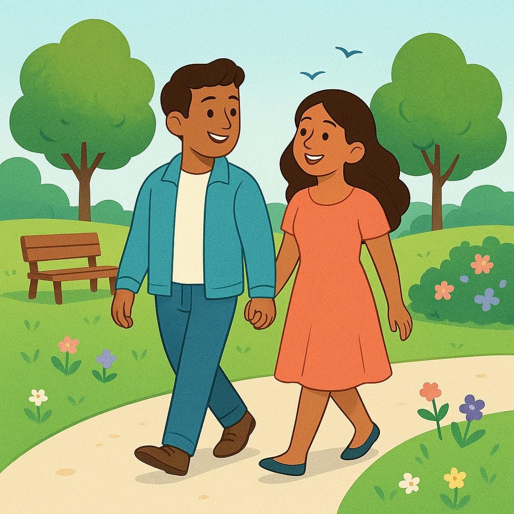 A man and a woman holding hands while taking a walk in a sunny park, representing dating.