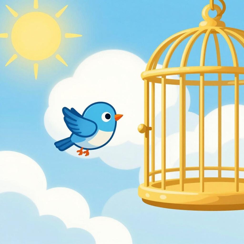 Un piccolo uccello che vola fuori da una gabbia aperta verso un cielo azzurro brillante.