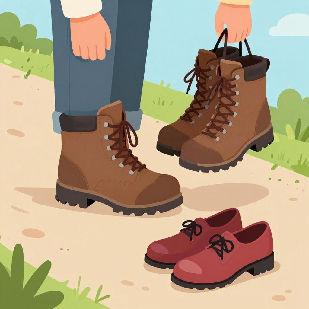 Una persona che sceglie un paio di stivali robusti invece di un paio di scarpe eleganti per una lunga camminata.