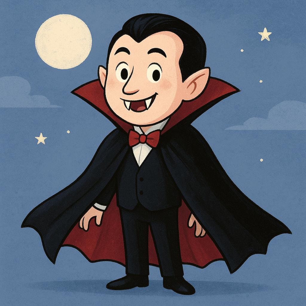 A cartoonish figure of a vampire with pale skin, sharp fangs, and a high-collared black and red cloak standing against a dark background.