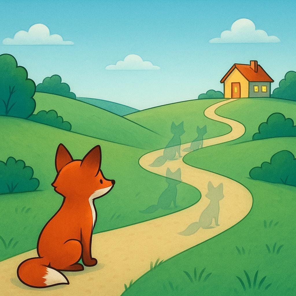 A cartoon fox stands still at the very beginning of a long, winding path that disappears into the distance toward a brightly lit, small house, symbolizing potential movement.