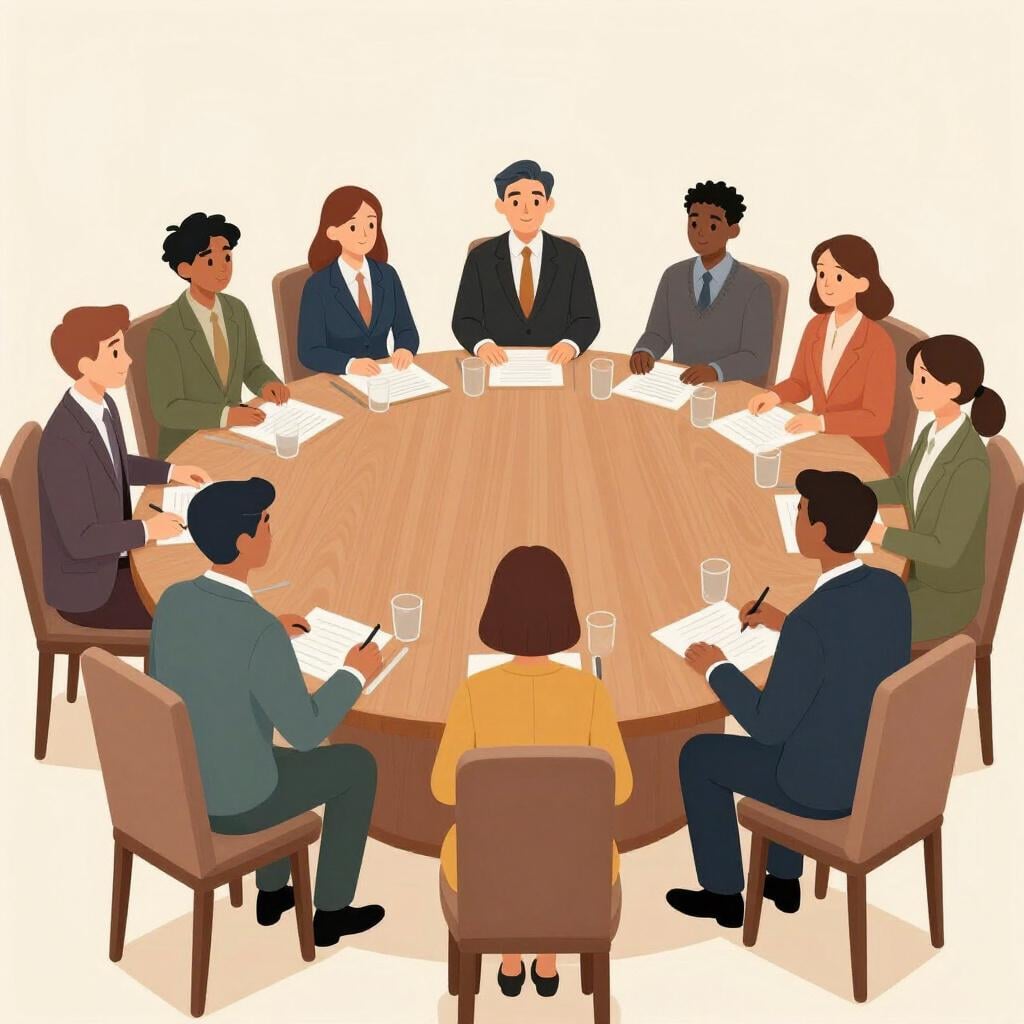 A group of professional people sitting around a large circular wooden table in a formal room.