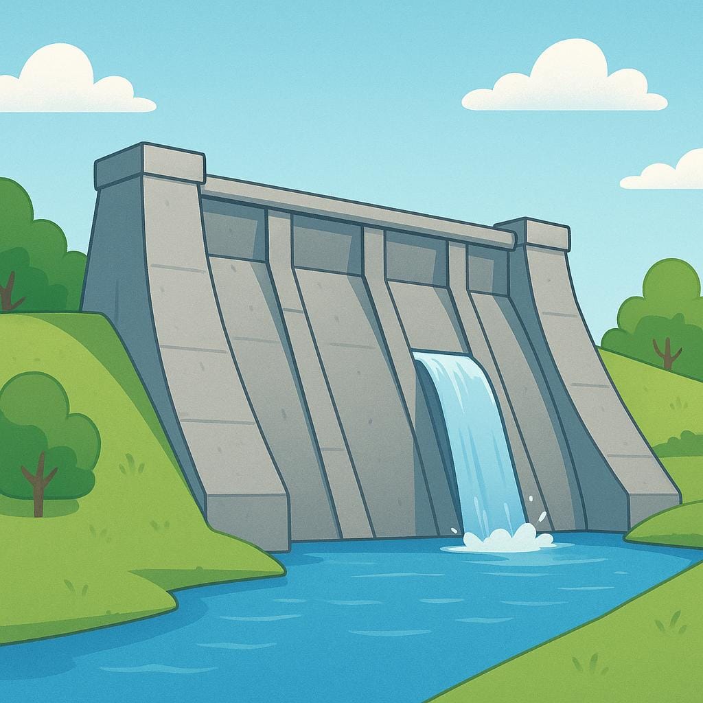 A storybook illustration of a massive concrete dam structure blocking a blue river, creating a large reservoir on one side.