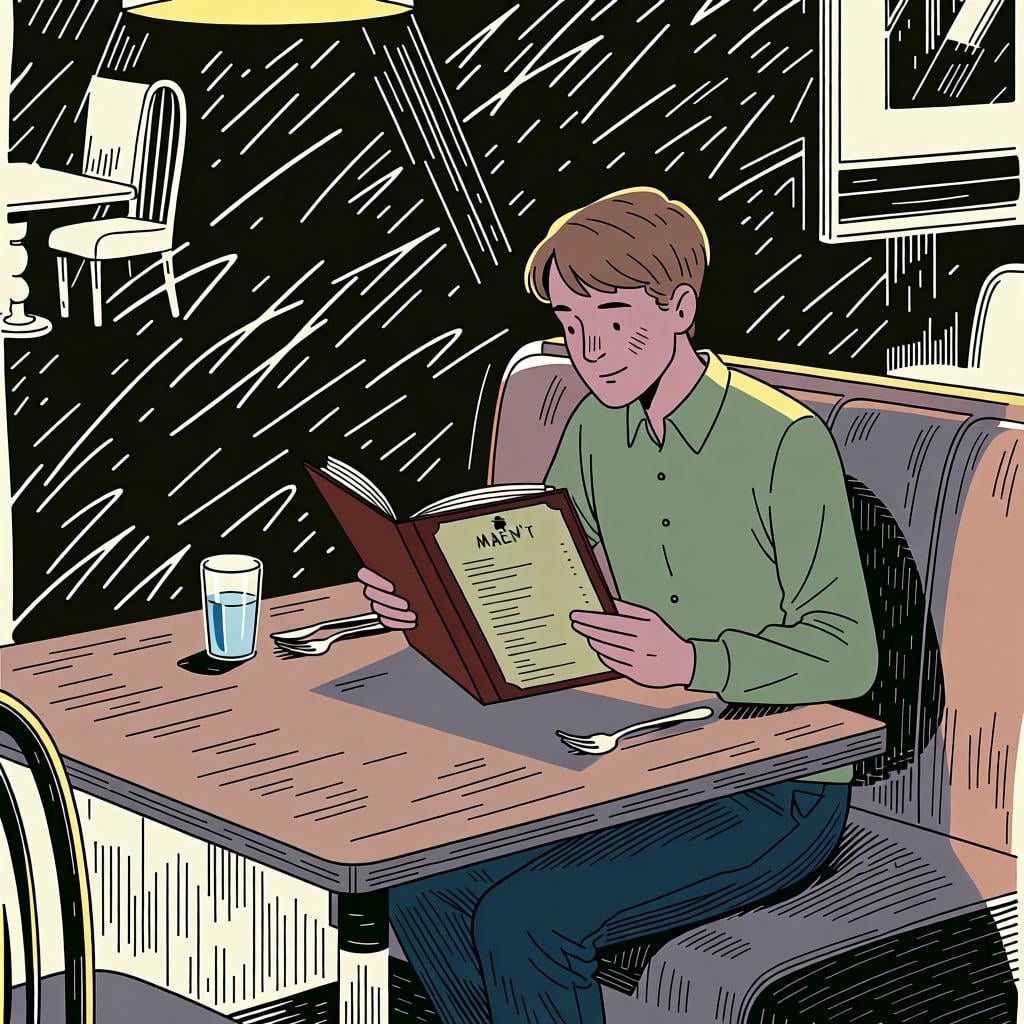 A person looking at a menu before ordering their food, showing an action preceding another.